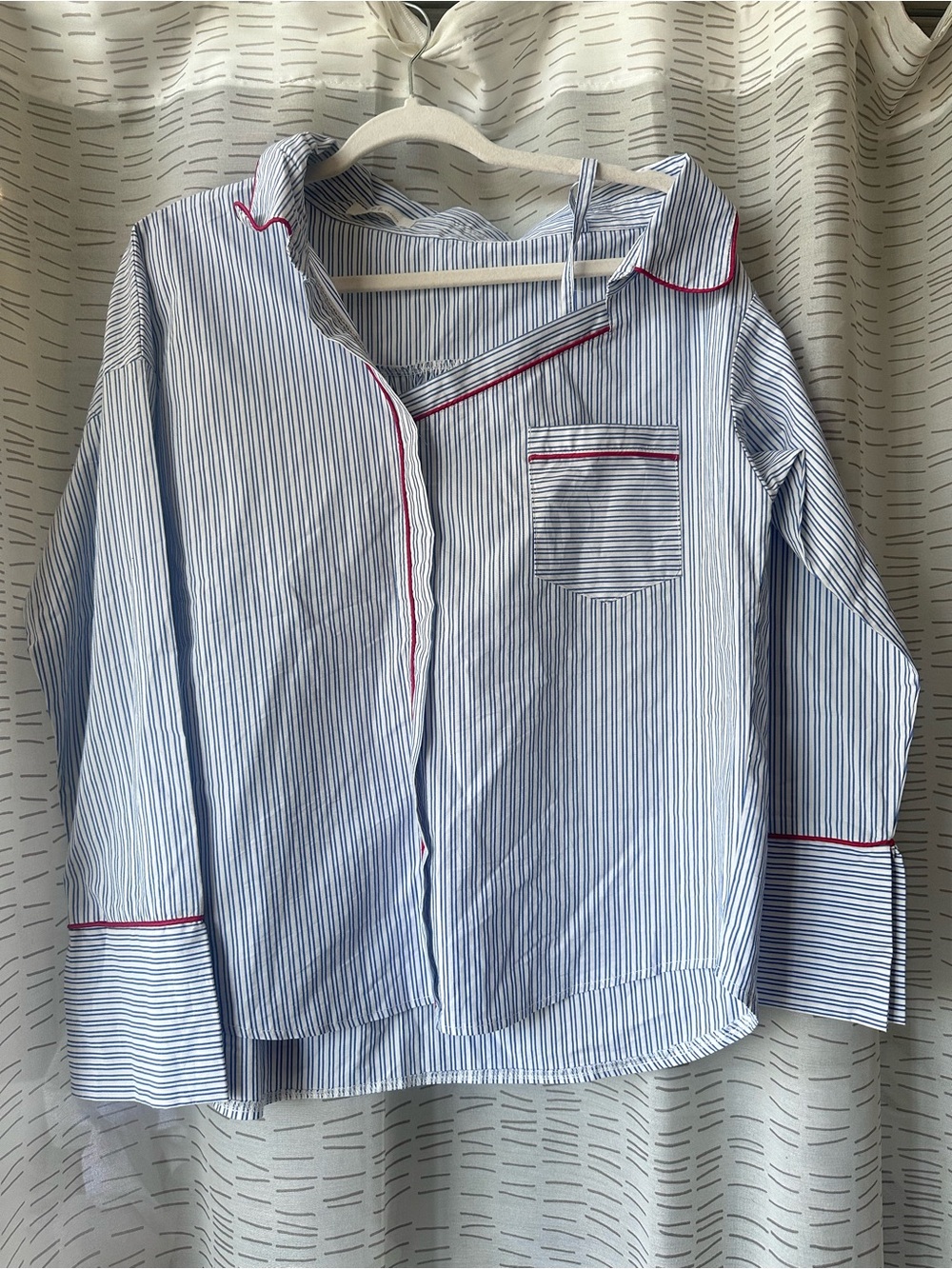 Asymmetrical Blue & White Striped Button-Up Top with Red Piping